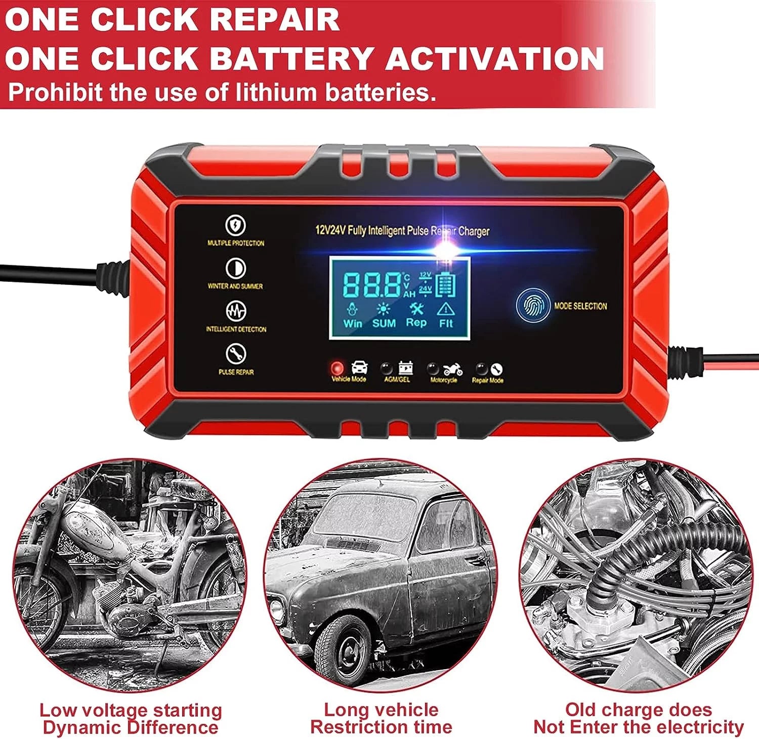 Car Battery Charger, 12V/8A 24V/4A with LCD Display Auto Maintainer for Car, Moto, Lawn Mower