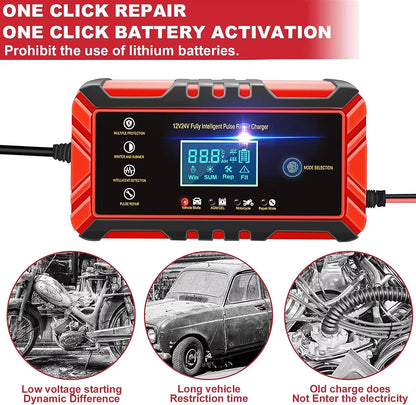 Car Battery Charger, 12V/8A 24V/4A with LCD Display Auto Maintainer for Car, Moto, Lawn Mower