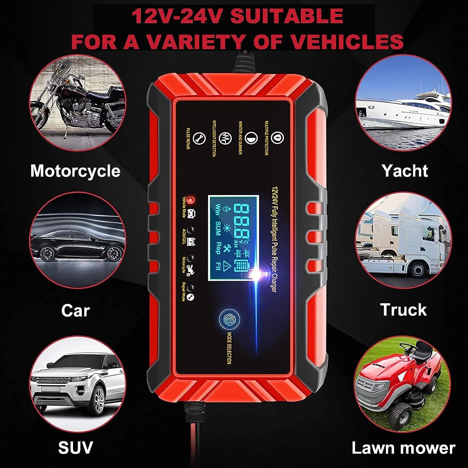 Car Battery Charger, 12V/8A 24V/4A with LCD Display Auto Maintainer for Car, Moto, Lawn Mower