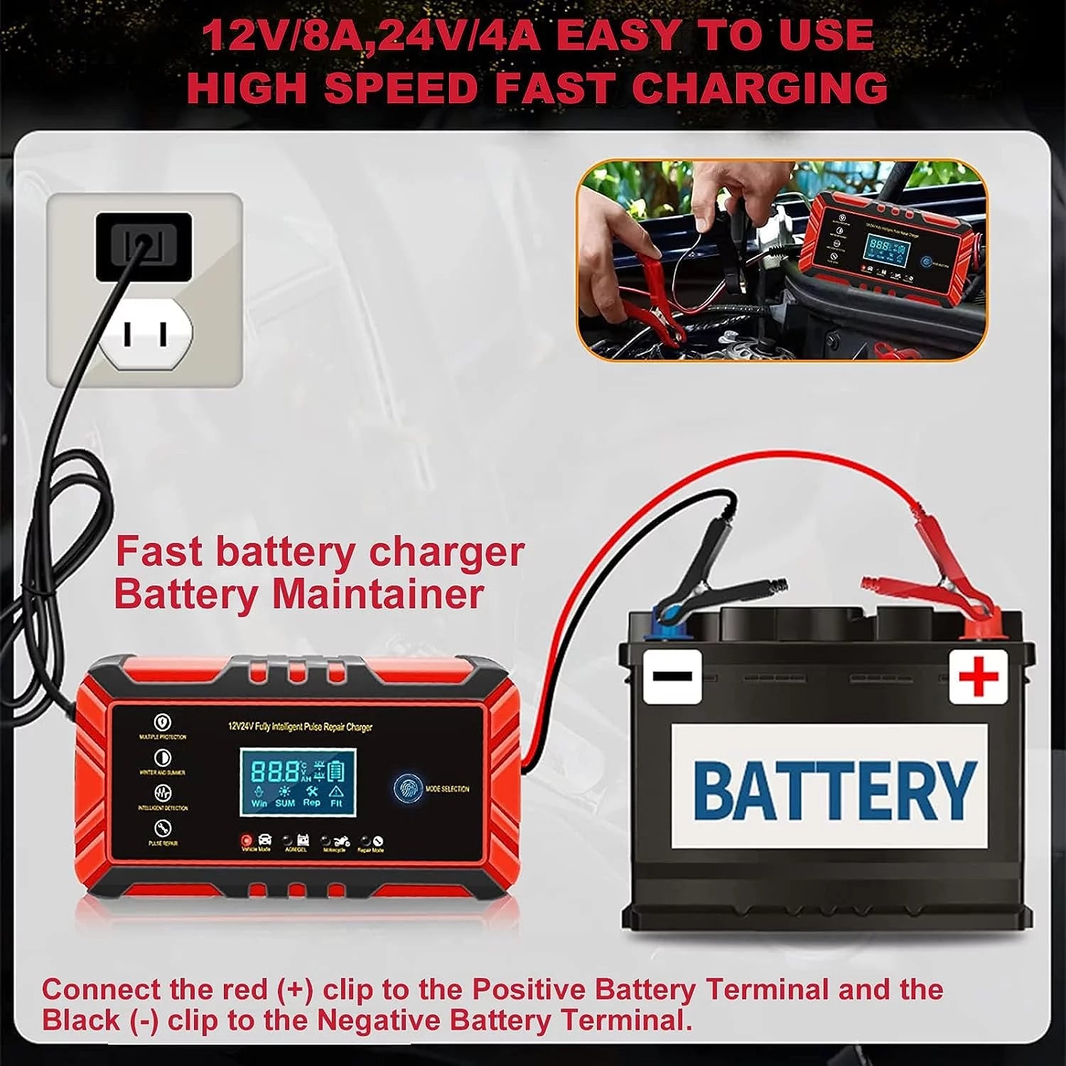 Car Battery Charger, 12V/8A 24V/4A with LCD Display Auto Maintainer for Car, Moto, Lawn Mower