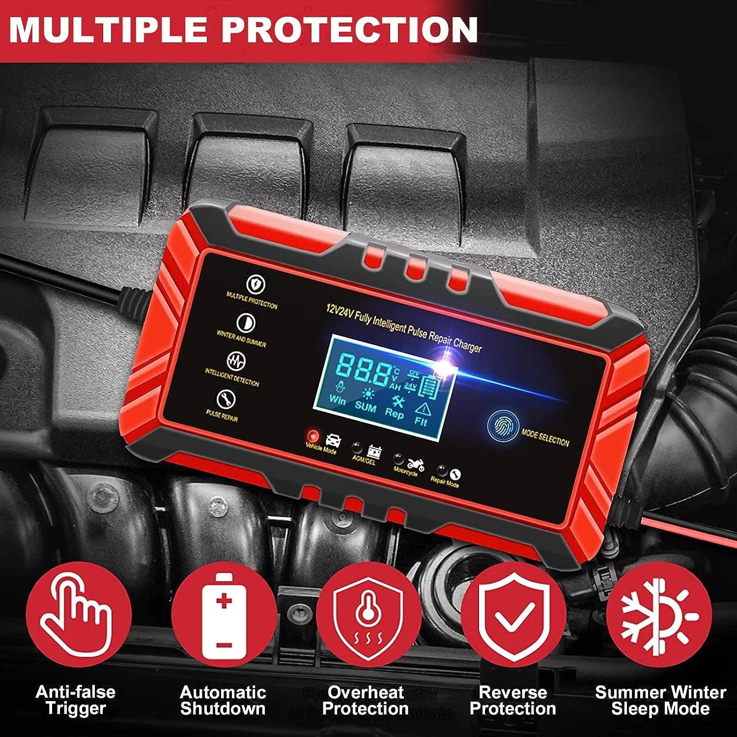 Car Battery Charger, 12V/8A 24V/4A with LCD Display Auto Maintainer for Car, Moto, Lawn Mower
